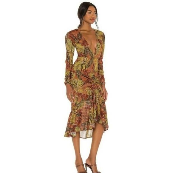 Le Superbe Orange Tropical Palm Print Crosby Ave Long Sleeve Midi Dress - Picture 2 of 11